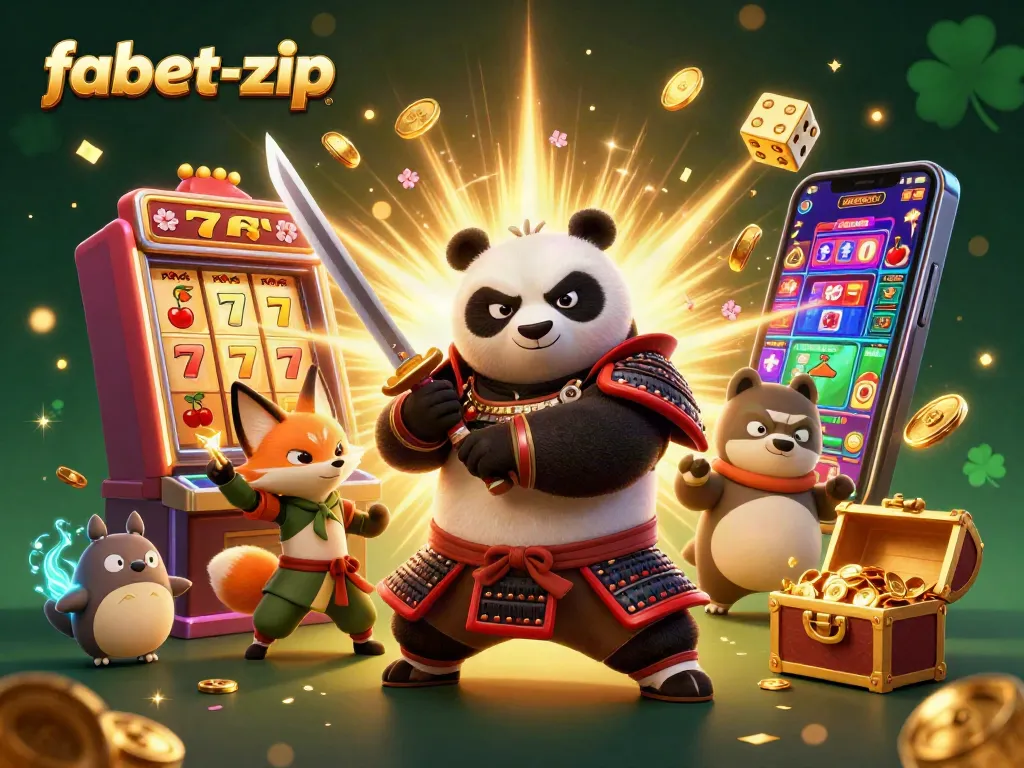 Experience big wins with fabet-zip's dynamic casino scene featuring a samurai panda and thrilling game elements.