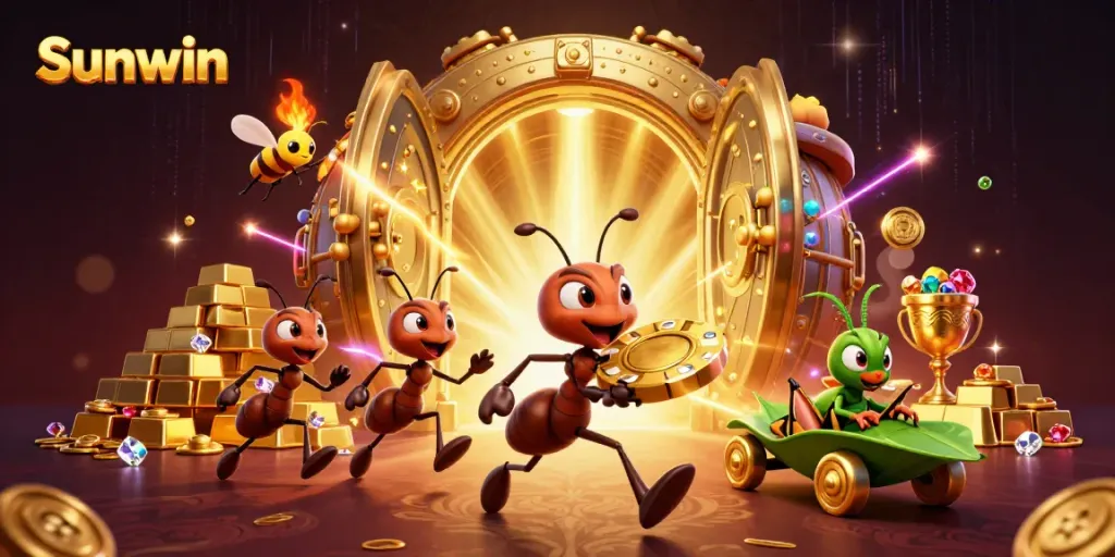 Sunwin players celebrating a jackpot win, showcasing dynamic casino elements like golden poker chips and sparkling gems.
