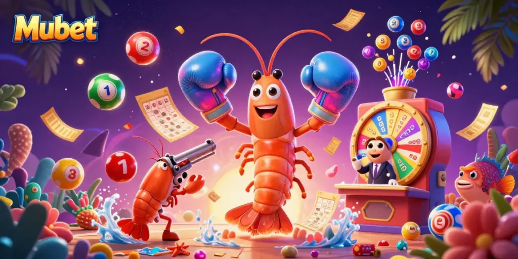 Mubet showcases a vibrant casino scene with animated shrimp characters and gambling elements, embodying the excitement of the platform.