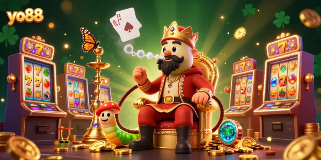 Experience the exciting world of yo88 with this vibrant 3D casino scene featuring playful characters and slot elements.