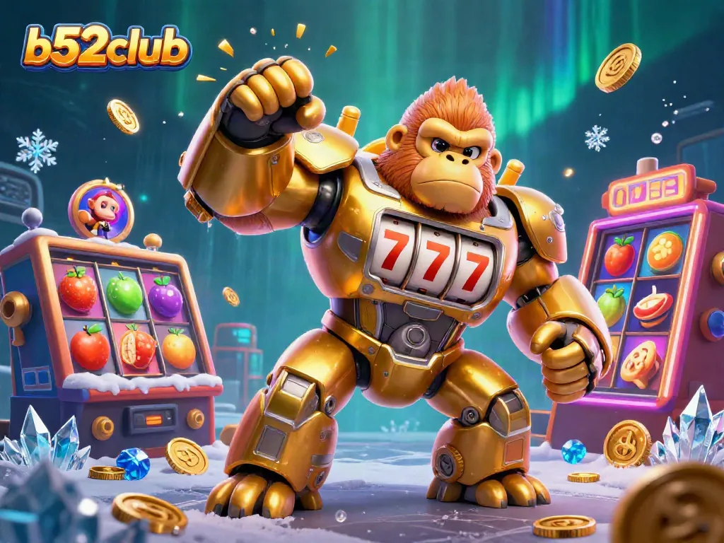 Bets soar at b52club with vibrant slots and a golden gorilla mech bursting with excitement.