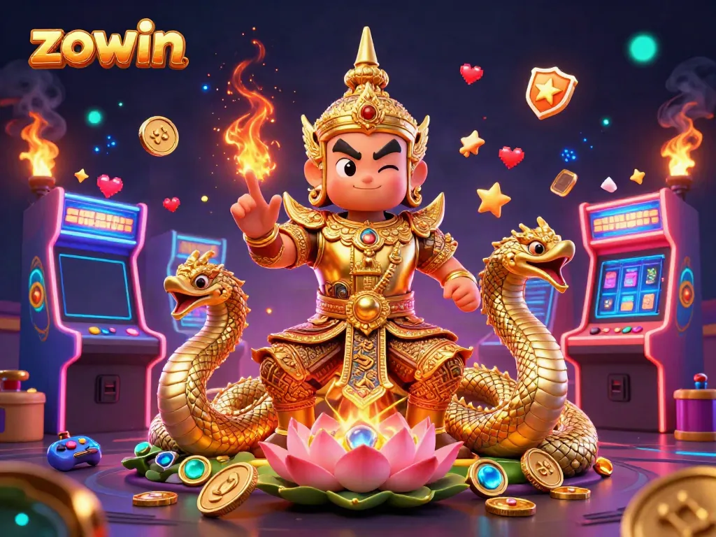 Engage in exhilarating gameplay with Zowin's vibrant 3D casino illustration, showcasing a Thai guardian and jackpot elements.