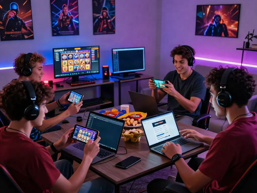 Friends enjoying slot88 gaming on mobile devices in an energetic environment