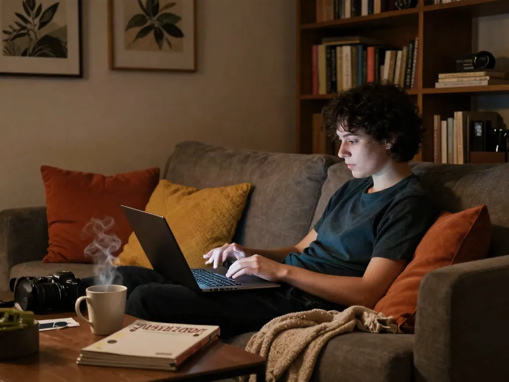 Engaging porn chat scene with a person on a couch, laptop and cozy atmosphere.