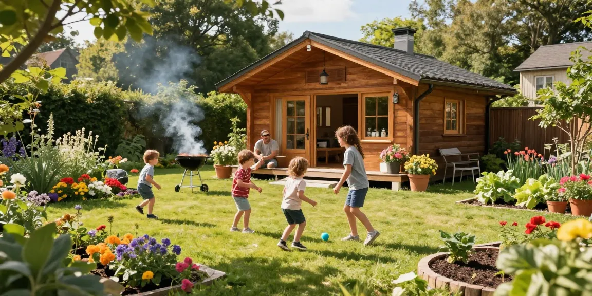 Ein modernes Garten Haus bietet eine einladende Atmosphäre für Familien im Garten mit bunten Blumen und einem Grill.