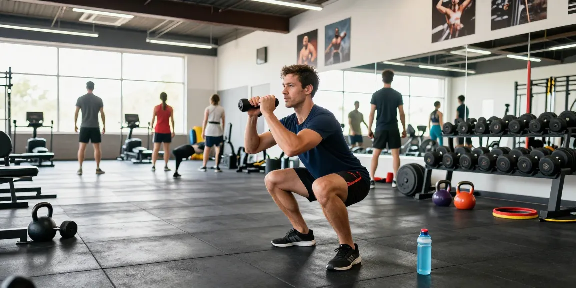 Ein Athlet demonstriert die richtige Squat-Form mit Gewichten und zeigt damit die Qualitätsprodukte von Deus Medical im Fitnessstudio.