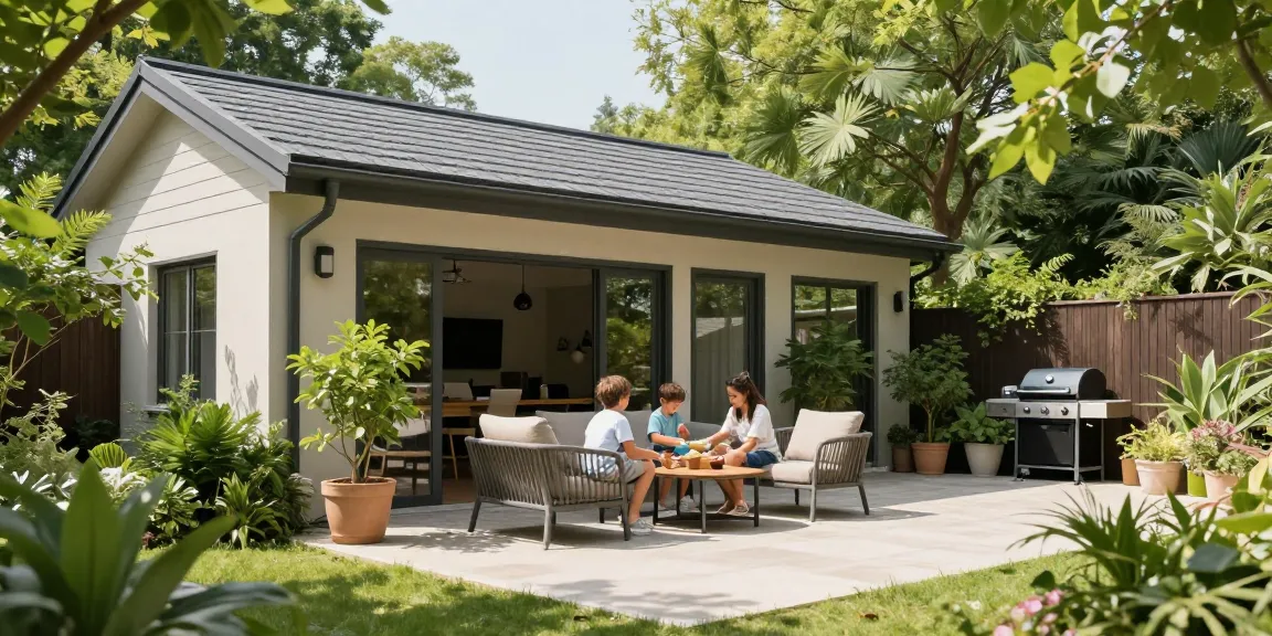 Freistehende Terrassenüberdachung mit gemütlichem Sitzbereich im Garten, ideal für den Sommer.