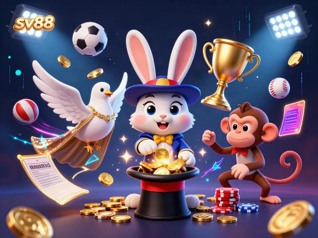 Experience the excitement of sv88 with a dynamic illustration featuring a magician rabbit, a dove, and a monkey in a vibrant casino setting.